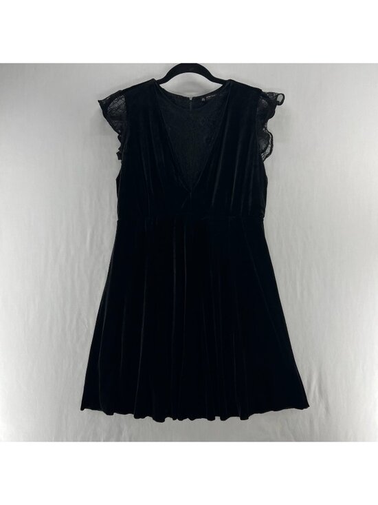 Zara Dresses & Skirts - Zara Basic Velvet Lace Mini Dress Womens M Skater Fit Flare Flutter Sleeve Black